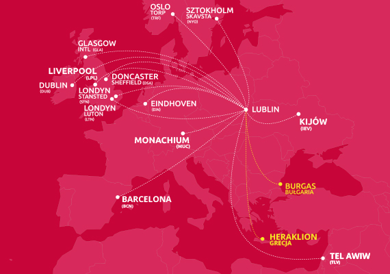 Mapka połączeń lotniczych z Lublina